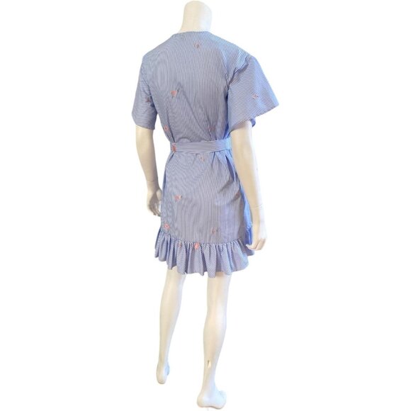 ROMEO & JULIET COUTURE Blue & White Striped Wrap Dress With Flamingos, Small - Picture 8 of 12
